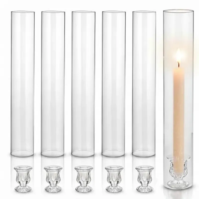 Set of 6 Tall Taper Candle Holder w/ 12" Tall Clear Cylinder Covers for Table