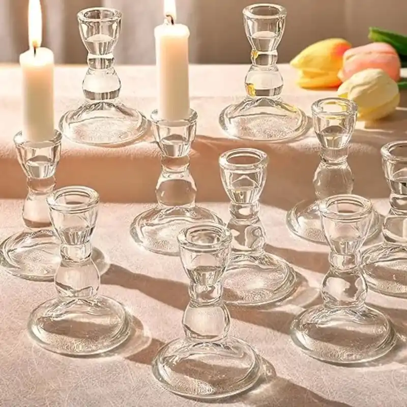24 Pcs Candlestick Holders Bulk, 2.56 x 3.55in Clear Taper Candle Holders