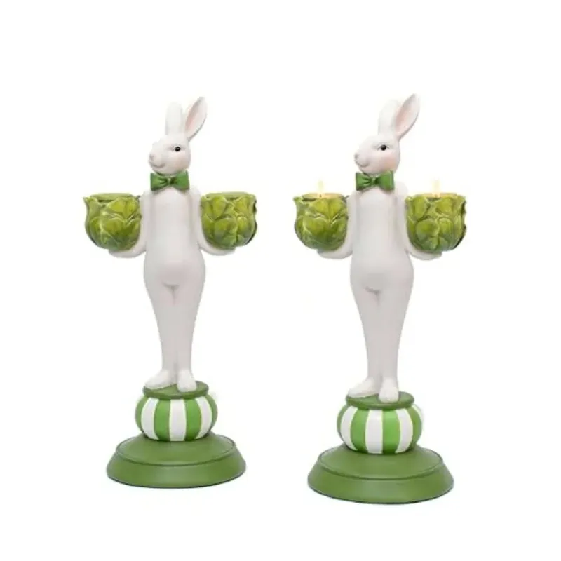 Bunny Candle Holders Set of 2, Hand-Painted Rabbit Figurines Home Decor