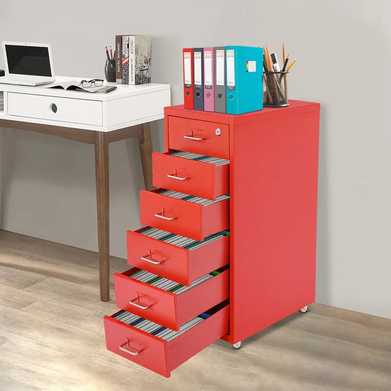 6-Drawers Mobile File Cabinet With Lock 4* Wheels Steel Vertical Filing Cabinet Office Cabinet