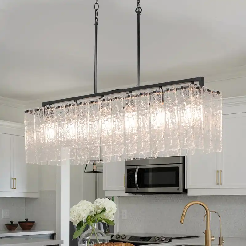 Rectangle Chandeliers for Dining Room 37" Water Ripple Glass Island Light Fixture