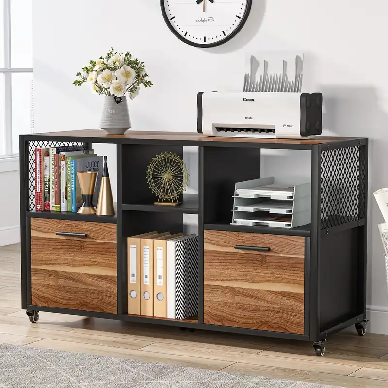 Tribesigns 2 Drawer Wood File Cabinets, Mobile Lateral Filing Cabinet for Letter A4 Size, Printer Stand with Shelves and Drawer