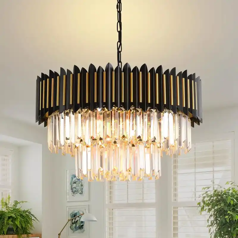 Modern Crystal Chandelier 12-Light Black for Dining Room Living Room Round Ceiling