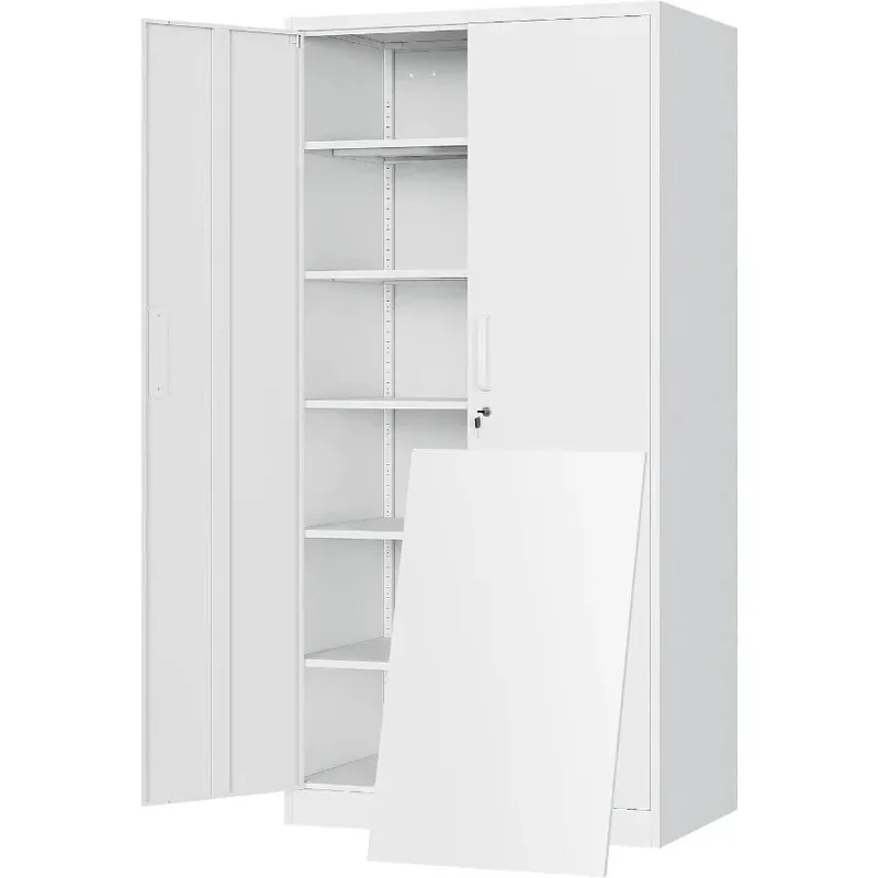 Metal Storage Cabinet with Locking Doors and 5 Adjustable Shelves 72 Garage Storage White Steel