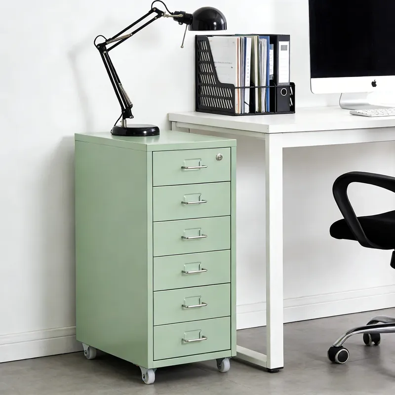 6Tier Metal File Cabinet W/ Lock and Wheels Cream Green File Organizer Box Storage Cabinet for Office
