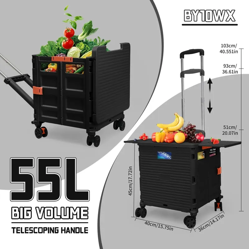 55L Foldable Utility Cart Folding Shopping Cart with Magnetic Lid Telescopic Handle Wear-Resistant 360°Wheel
