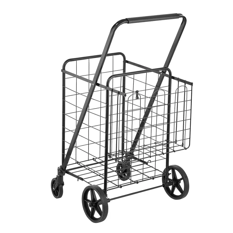 Jumbo Folding Grocery Cart with Double Baskets 360 Swivel Wheels Large Capacity Utility Cart for Shopping
