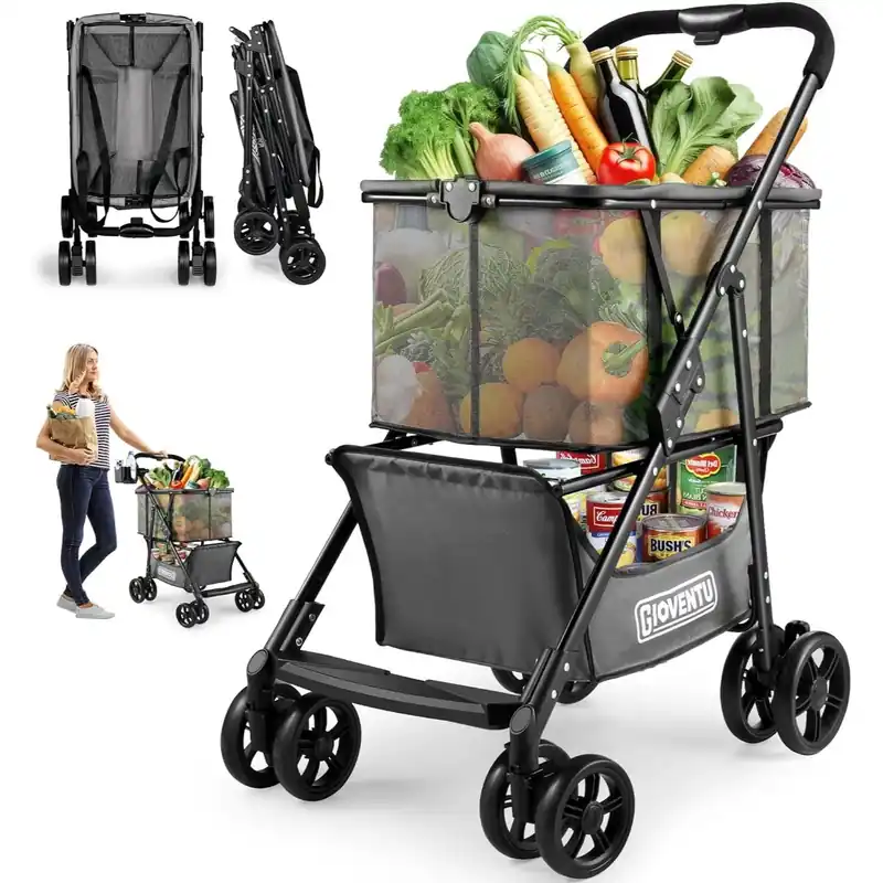 Folding Shopping Cart, 80lbs Collapsible Grocery Cart with Removable Basket