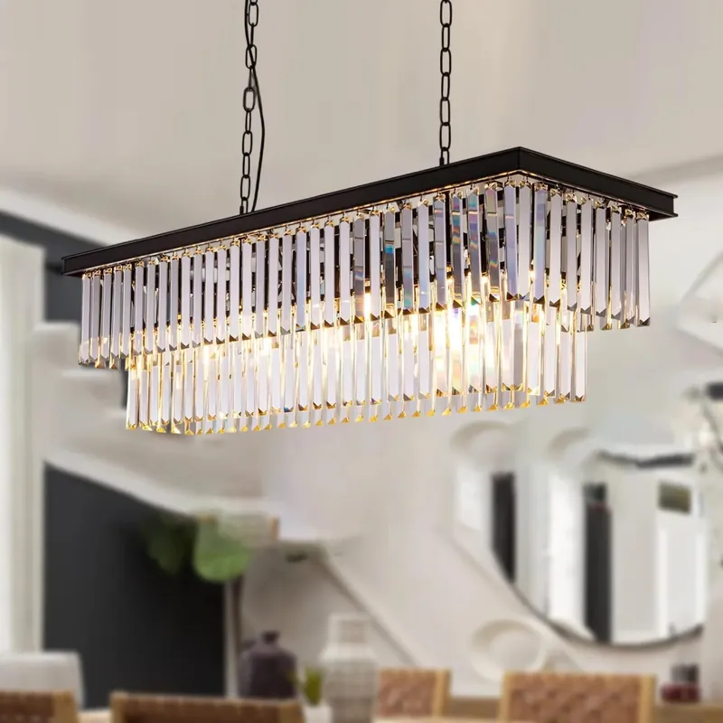 Modern 31-Inch Dining Room Crystal Pendant Light, Black Rectangular Adjustable Chain