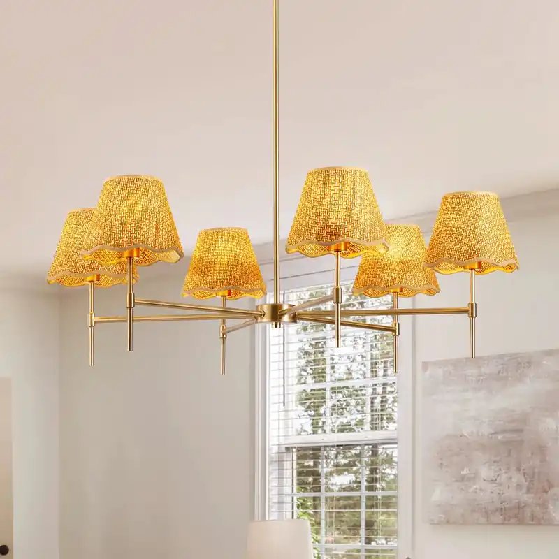 Boho Rattan Chandelier 6-Lights Adjustable for Kitchen Island, Dining, Living Room