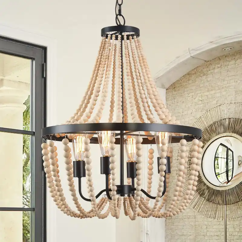 Modern Boho Wood Bead Chandelier Classic Dimmable High Ceilings Chandeliers