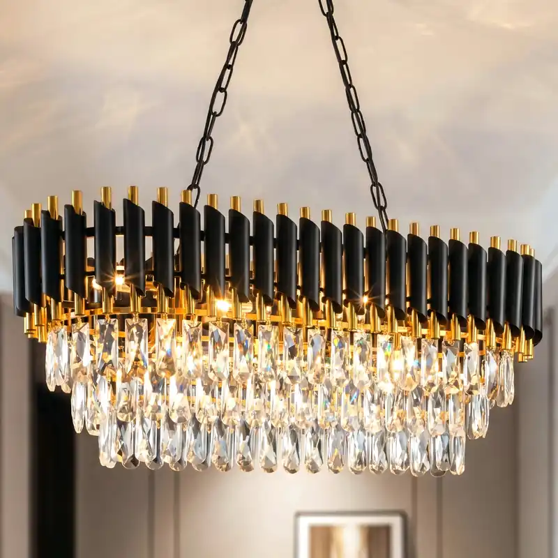 Modern Black & Gold Crystal Chandelier, 3-Tier K9 Oval Crystal Chandelier for Kitchen