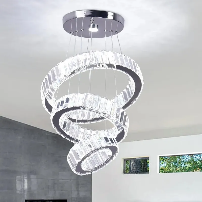 Crystal Chandeliers 3 Rings Ceiling Light Fixture LED Chandelier for High Ceiling Hanging
