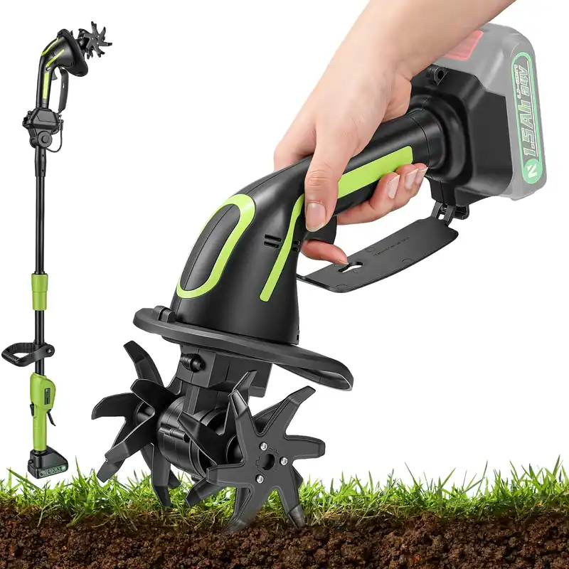 NEWTRY Cordless Electric Tiller Black, 4‘‘ Tilling Depth/Width, 2 in 1 Handheld & Extension Modes for Seniors to Tilling Raised Beds