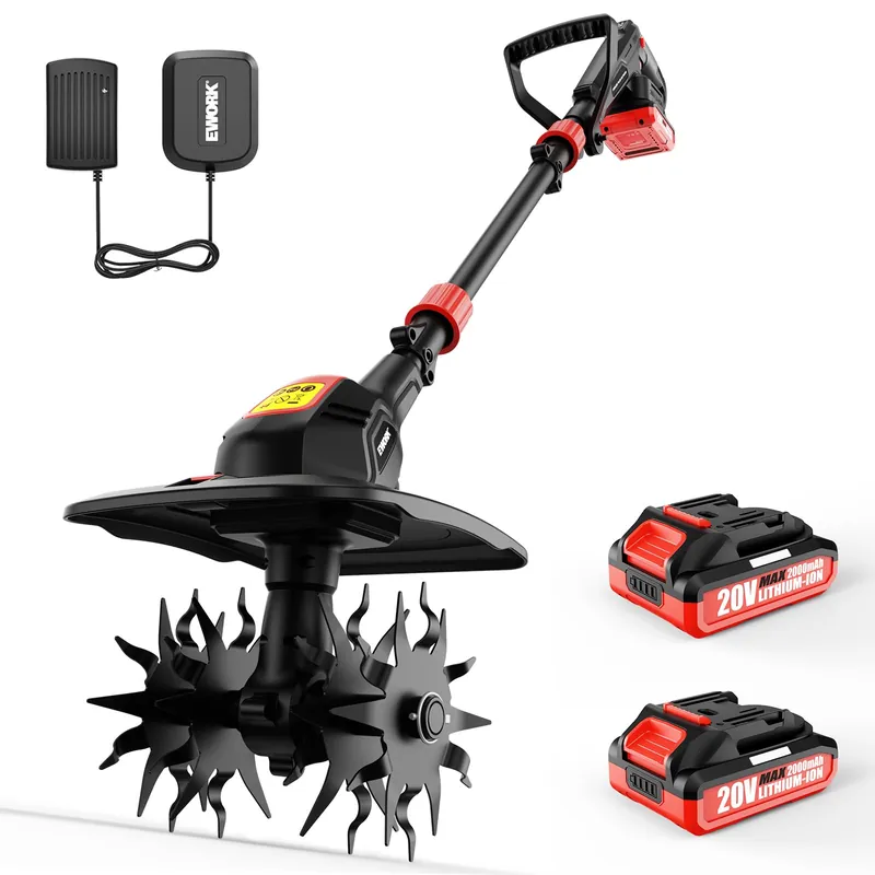 EWORK 20V Cordless Garden Tiller Rototiller with 2×2.0Ah Batteries & Fast Charger, 9" Width & 7" Depth Cultivator Tiller for Gardening, Ideal for Lawn Yard Soil Cultivation