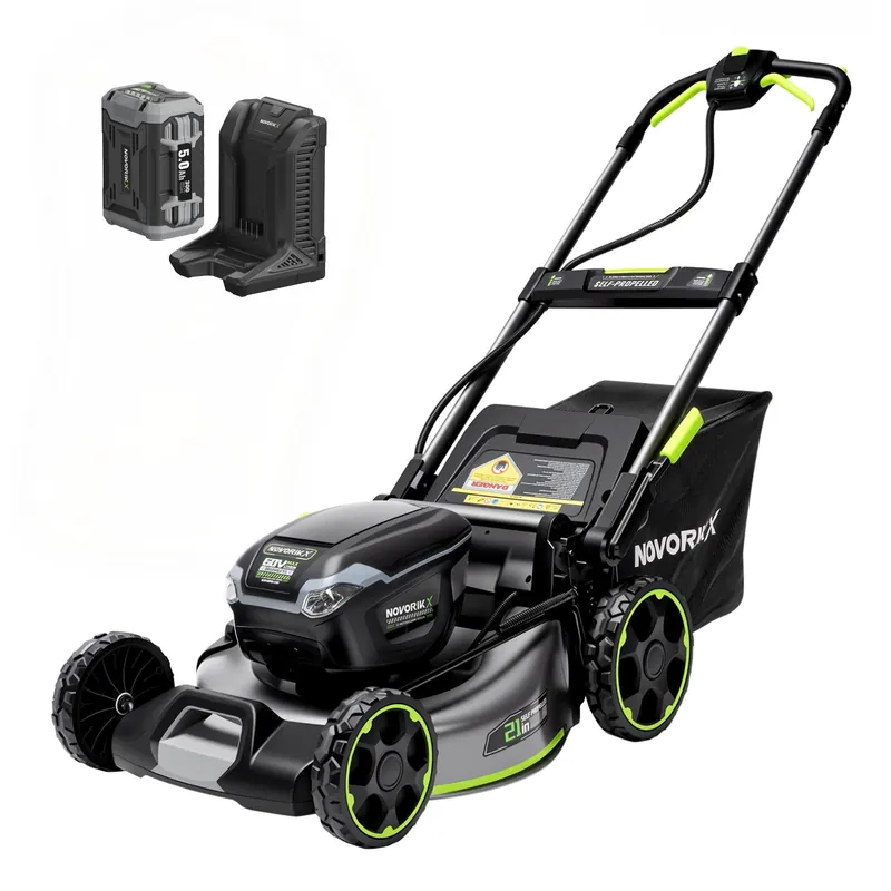 NovorikX 60V 5Ah Self-Propelled Electric Cordless Lawn Mower with 5.0Ah Battery 21-Inch, Brushless Mower for Large Yards, LED Headlight, Rapid Charger 3-in-1 Versatility Obsidian Series