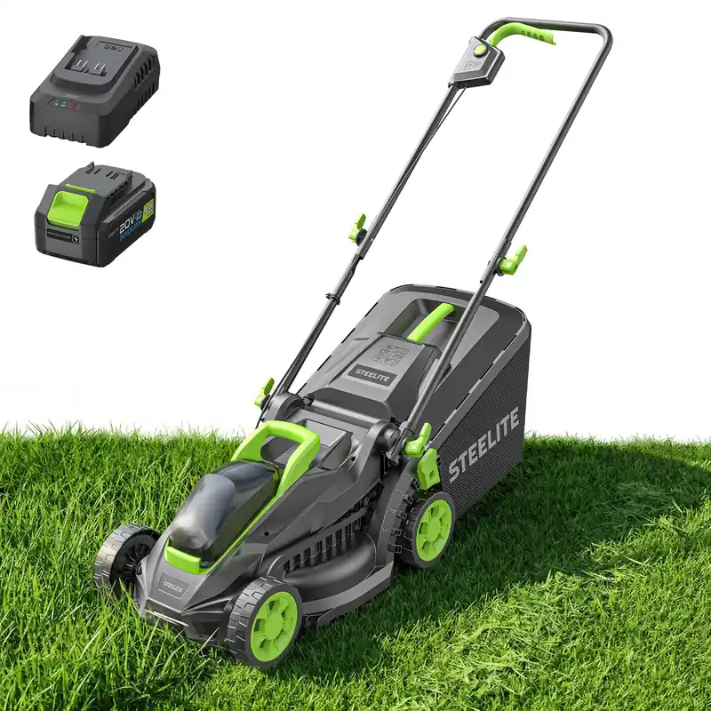 STEELITE 21V 13-Inch Brushless Electric Lawn Mower, Cordless Push Mower with 4.0Ah Battery & Charger, 5-Level Height Adjustment, Mulching/Bagging, for Small Yard