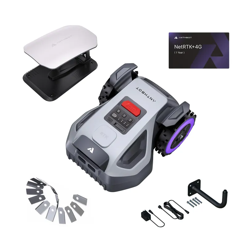 ANTHBOT M9 Pre-Order Set, Robot Lawn Mower Perimeter Wire Free. Includes Garage, NetRTK, 4G Service, RTK Wall Mount Kit, 15pcs Blades. Automatic Mapping Zone Division, 1/4 Acre, 45% Slope