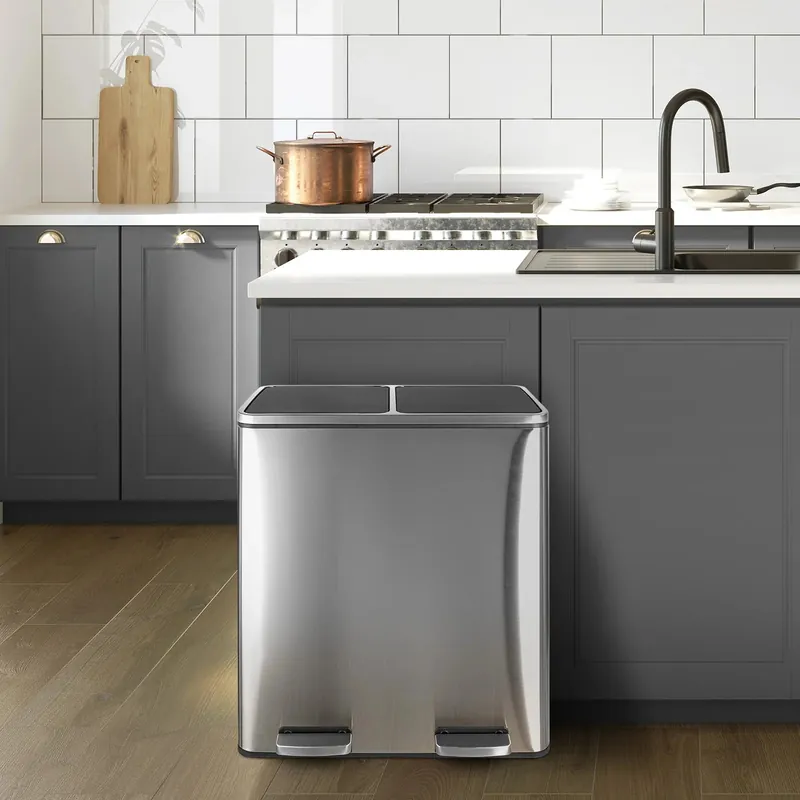 AOOU 16 Gallon Stainless Steel Trash Can, 60L Dual Compartment, Metal Kitchen Step Recycle Bin