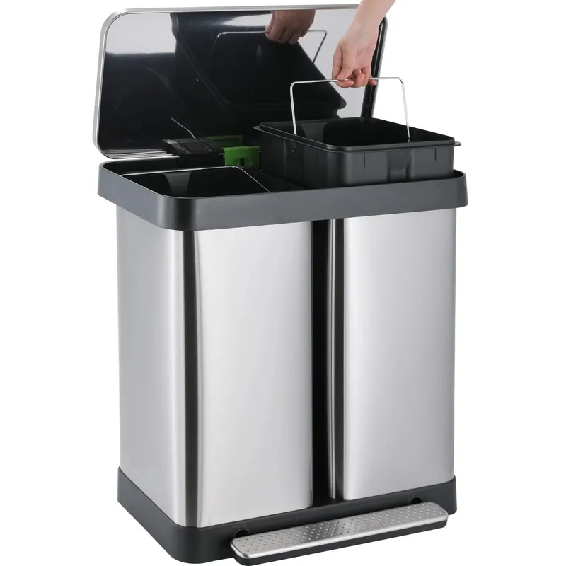 AOOU 16 Gallon Dual Trash Can, 60L(2x30L) Stainless Steel Kitchen Garbage Can