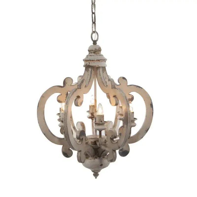 Vintage White Wooden Chandelier with Candle Lights Ornate Design