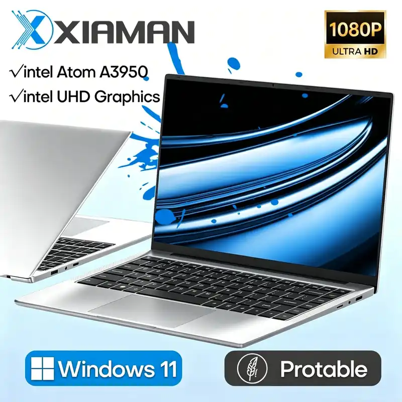 Xiaman 14.1 Inch HD Display Laptop Computer Windows 11 Pro Intel Atom A3950 Laptops Lightweight
