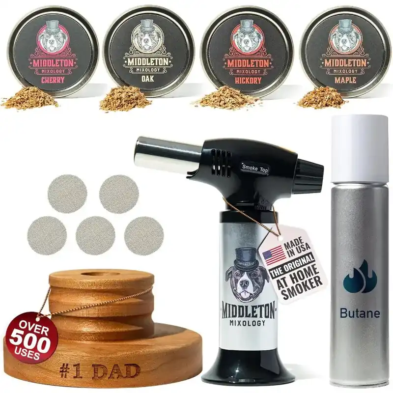 Engraved Cocktail Smoker Kit, Torch, 90ML Butane, with Cherry, Hickory, Maple