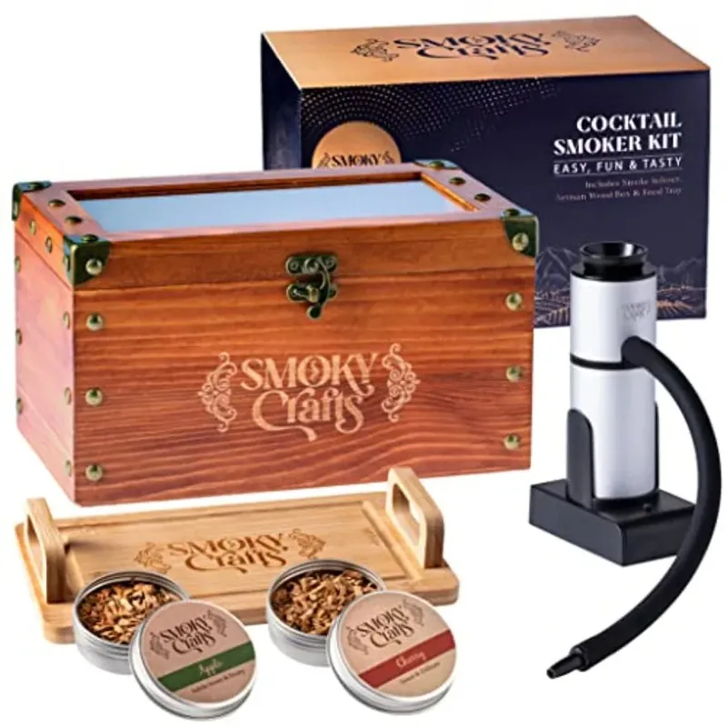 Old Fashioned Smoker Kit - Whiskey Smoker Kit with Smoking Gun Cocktail Smoke Box Food Tray and Wood Chips Apple and Cherry - B
