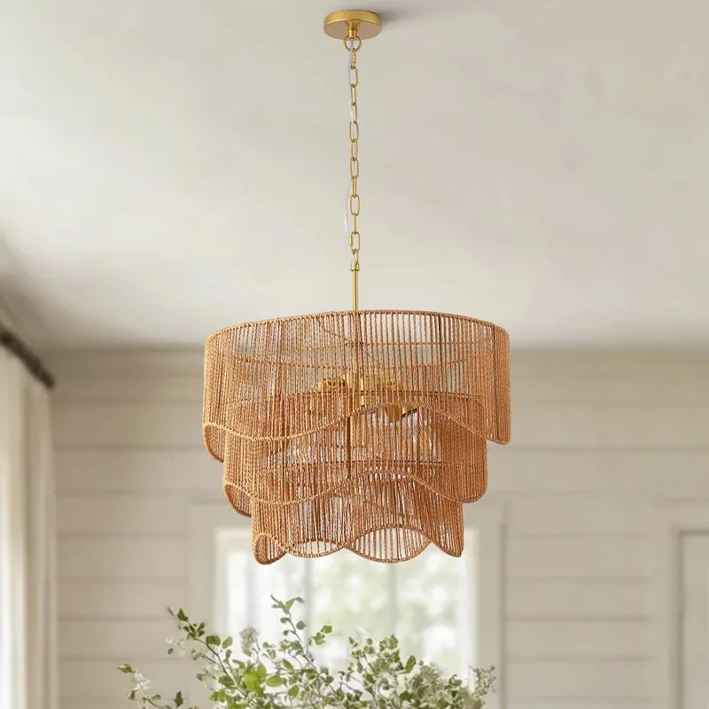 Handwoven Rattan Boho Chandelier 7-Light E26, 60cm Adjustable Wave Pendant for Living/Dining, Sloped Ceiling Compatible Metal