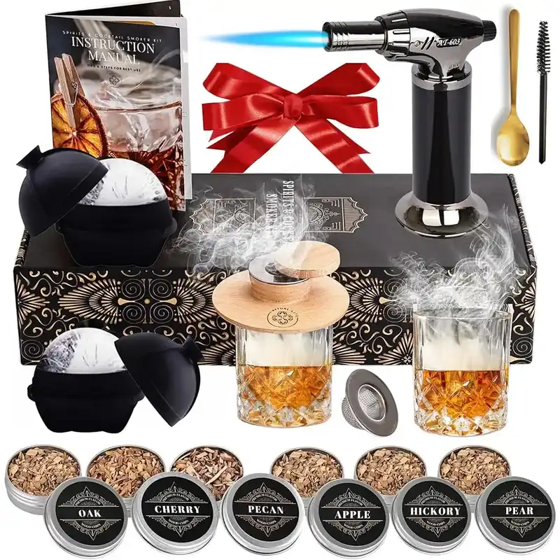 Smoker Kit - Cocktail Smoker Kit With Torch, 2 Whiskey Glasses, 2 Ice Ball Makers