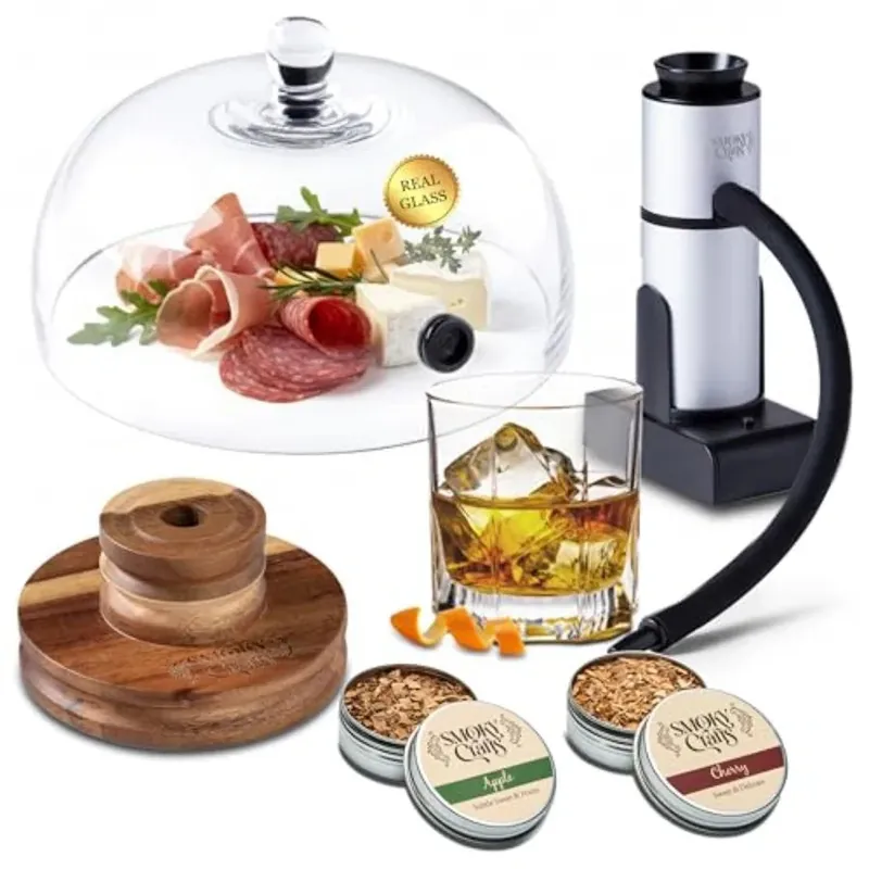 Food and Drink Smoker Kit with Smoke Gun 8" Smoking Cloche Glass Dome Acacia