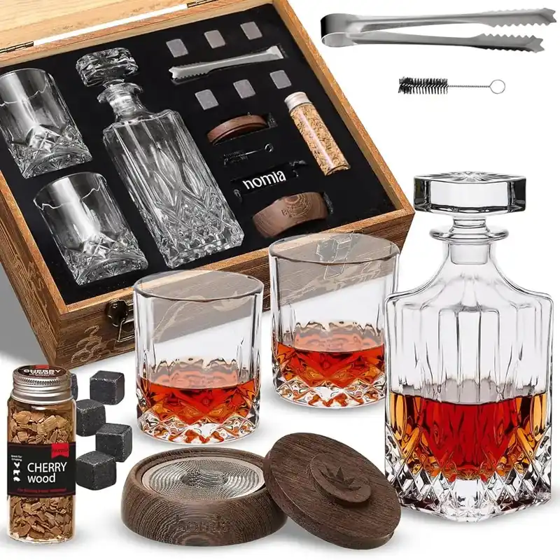 Whiskey Gift Set, 14 Pcs - Whiskey Decanter + Wooden Smoker + Old Fashioned Glasses