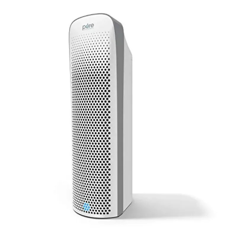 Large room air purifier for home use, white plastic tower unit with True HEPA