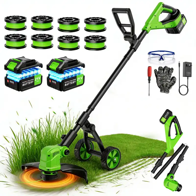 14" Electric String Trimmer Cordless Battery Powered Weed Eater with Wheel, 3-in-1 Cordless Grass Trimmer/Electric Weed Wacker/Edger, Weed Trimmer with 8 Replacement Spools for Garden, Lawn (Green)