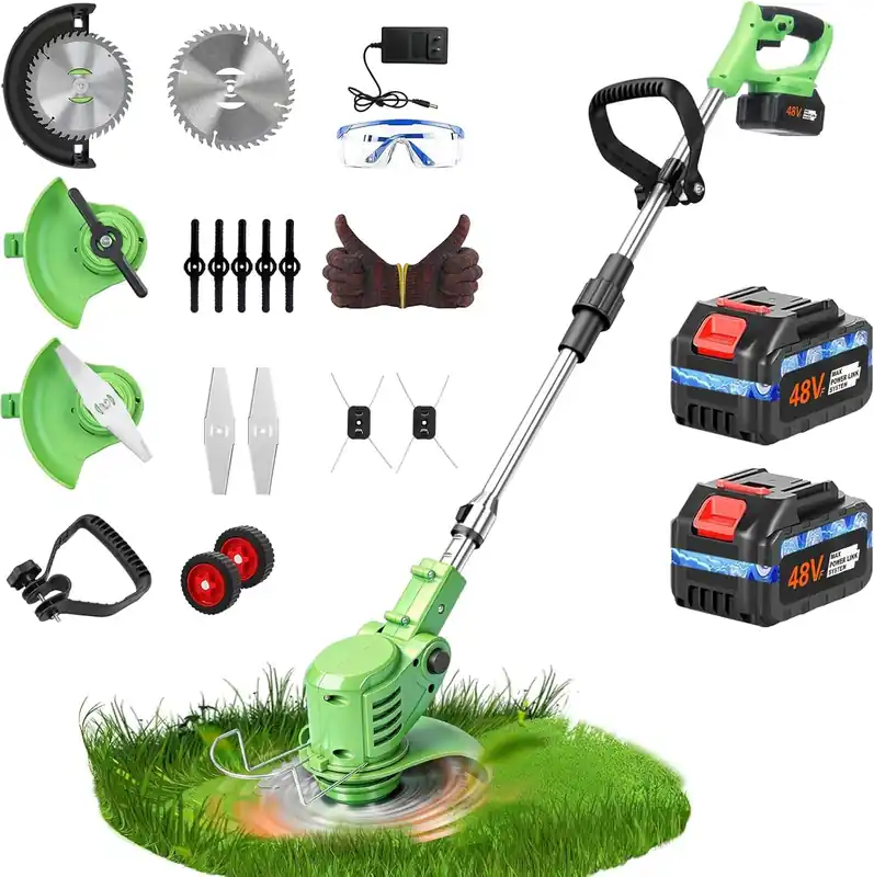 20,000RPM Electric Weed Wacker with Wheel,700W Cordless Weed Eater, Battery Powered, 4-in-1 String Trimmer,Brush Cutter/Grass Trimmer/Lawn Mower/Lawn Edger with 3 Type Blades for Garden Yard