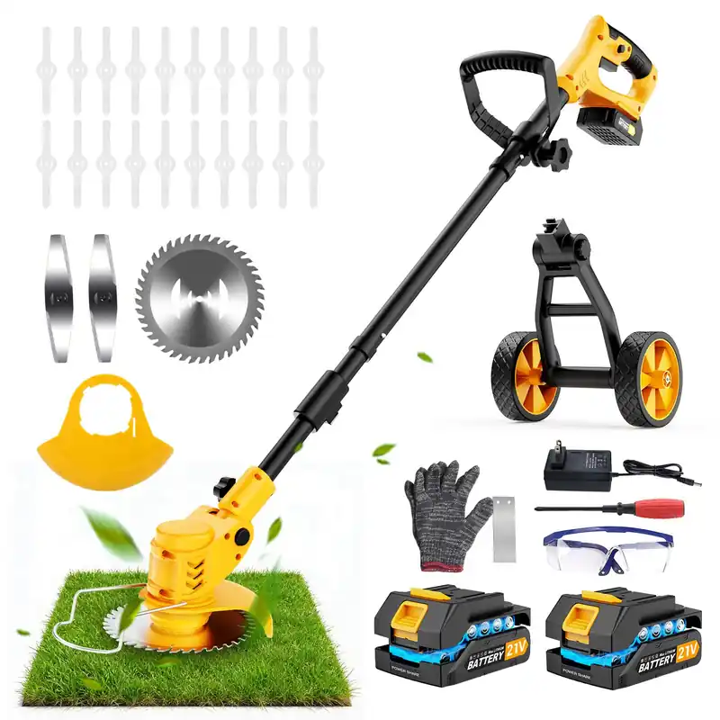 Electric Weed Wacker Cordless, Electric String Trimmer with 3 Types Blades & Removable Auxiliary Wheels, Brush Cutter & Grass Trimmer & Lawn Edger with for Garden Yard