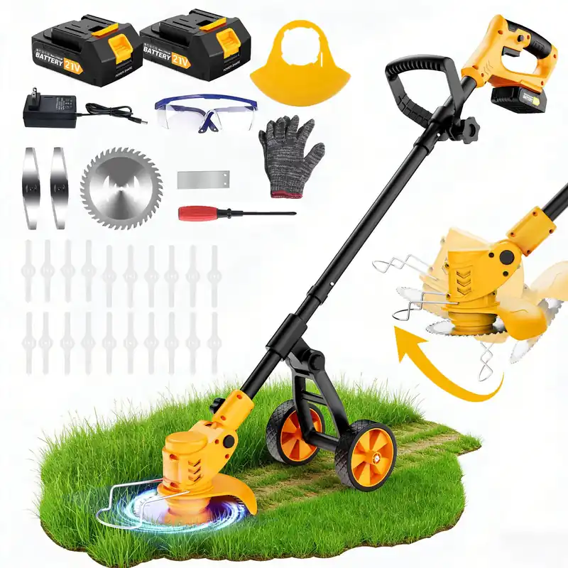 Electric Weed Wacker Cordless, Electric String Trimmer with 3 Types Blades & Removable Auxiliary Wheels, Brush Cutter & Grass Trimmer & Lawn Edger with for Garden Yard