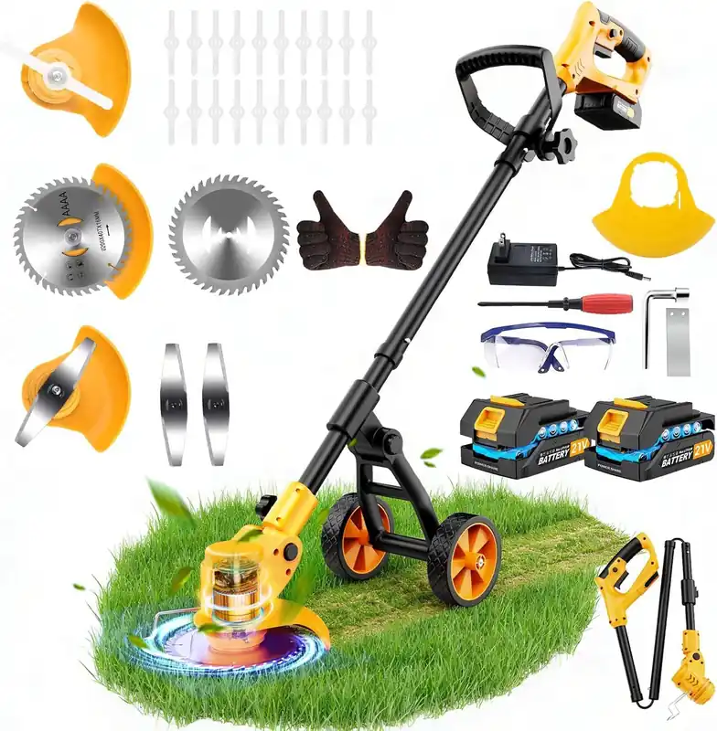 Electric Weed Wacker Cordless with Wheels,Electric Weed Eater Battery Powered 4000mAh,4 in 1 Grass Trimmer/Brush Cutter/Grass Edger/Small Lawn Mower,No String Trimmer with Blade, 2 Battery (Yellow)