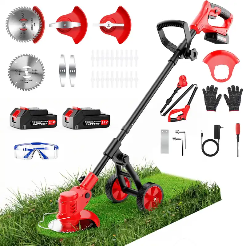 Cordless Weed Wacker 8 Inch, 21V Electric Weed Trimmer with Wheels & 3 Types Blades, 2ร2000mAh Battery Powered String Trimmer Edger for Garden Yard Lawn Care