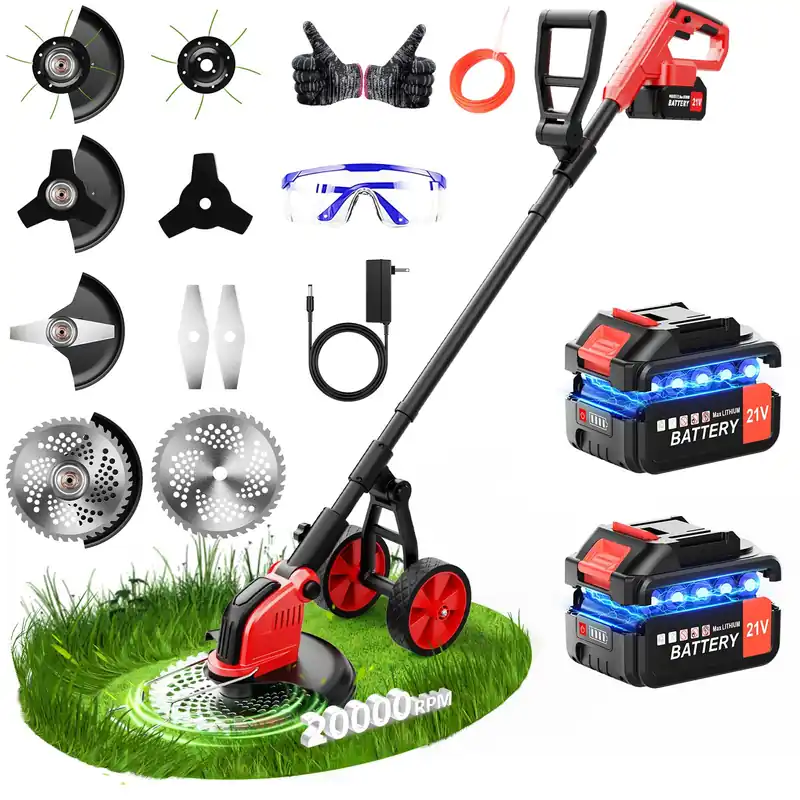 20000 RPM Electric Weed Wacker with Wheel,12″ Brushless Cordless Weed Eater Battery Powered, 4-in-1 Brush Cutter/String Trimmer/Grass Edger Tool/Lawn Mower, Stringless Weed Trimmer,5 Blade,2 Battery