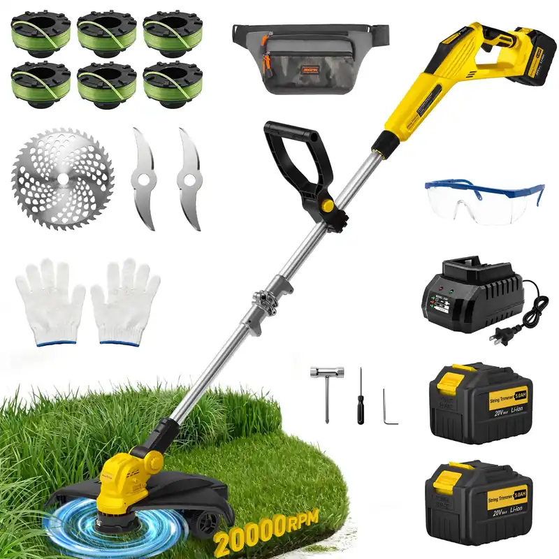 15‘‘ Weed Wacker, Electric Weed Eater, Cordless String Trimmer with 2 x 20V 5.0Ah Batteries, Auto Line Feed, Lawn Mover & Edger, Brushless Grass Trimmer, Battery Powered Brush Cutter for Garden & Yard