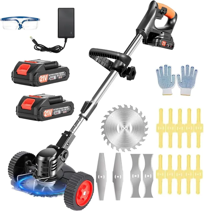 Electric Weed Wacker Cordless with Wheels,21V Battery Powered Weed Wacker 3-in-1 Grass Trimmer/Brush Cutter/Edger, 2pcs Batteries&4 Types Blades, Lightweight, Low Noise for Thick Weeds&Yard Garden