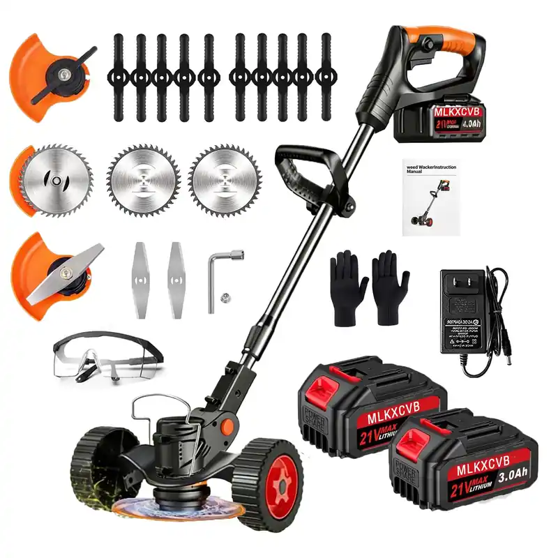 Electric Weed Wacker,21V Cordless Weed Eater Battery Powered with 3 Types Blades and 2 Pack 4.0 Ah Batteries,3 in 1 Stringless Electric Brush Cutter with Wheels for Garden Yard Lawn