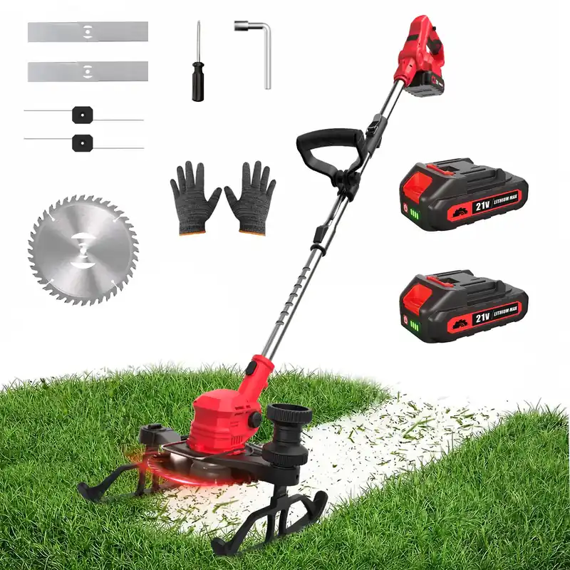 21V Weed Wacker Cordless,Weed Eater String Trimmer with 2x5.0ah Battery and Charger,3-in-1 Brush Cutter Weed Cutter Lawn Edger with 3 Types Blade & Wheels Lightweight for Garden & Yard Lawn