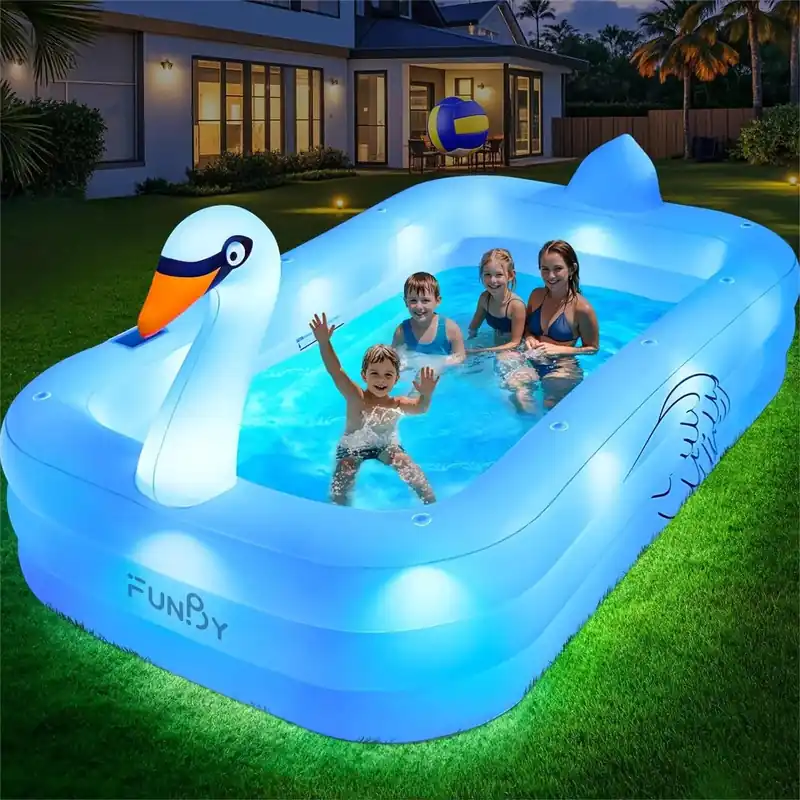 Inflatable Large Blow Up Pool with Lights, for Backyard Family 100"x63"x20"