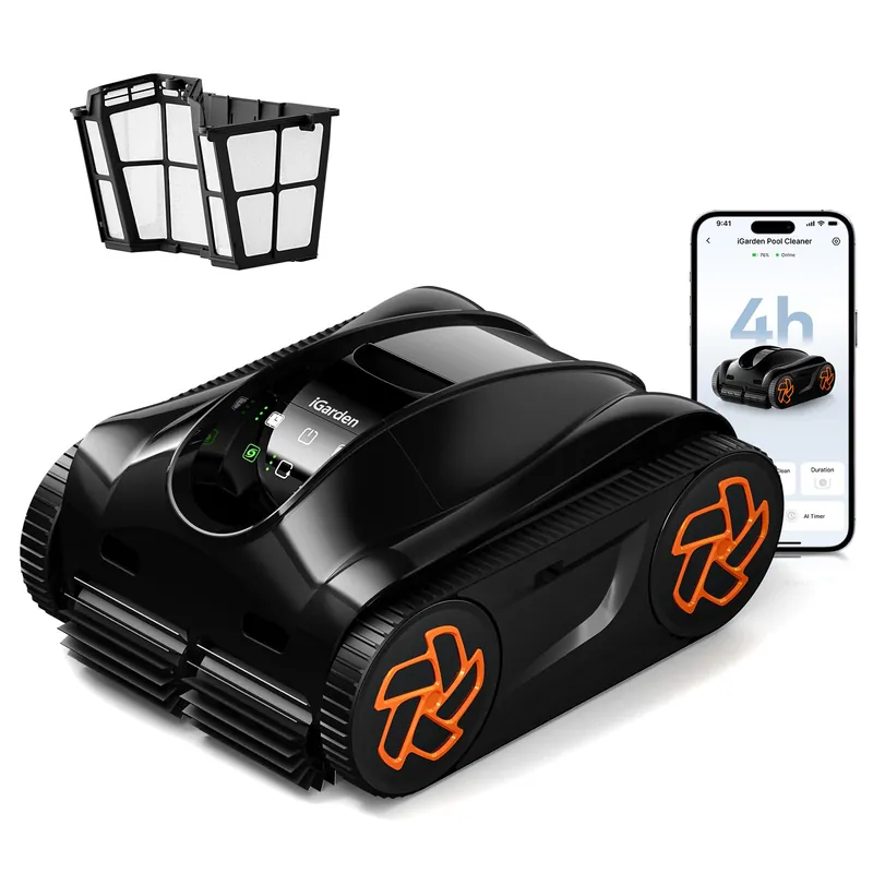 iGarden Robotic Pool Cleaner, Cordless Pool Vacuum for All Pool Shapes, 4H Runtime, Intelligent Navigation & AI Timer, Cleans Floor, Walls & Waterline, Touchscreen & App Control, 4L Filter, Obsidian