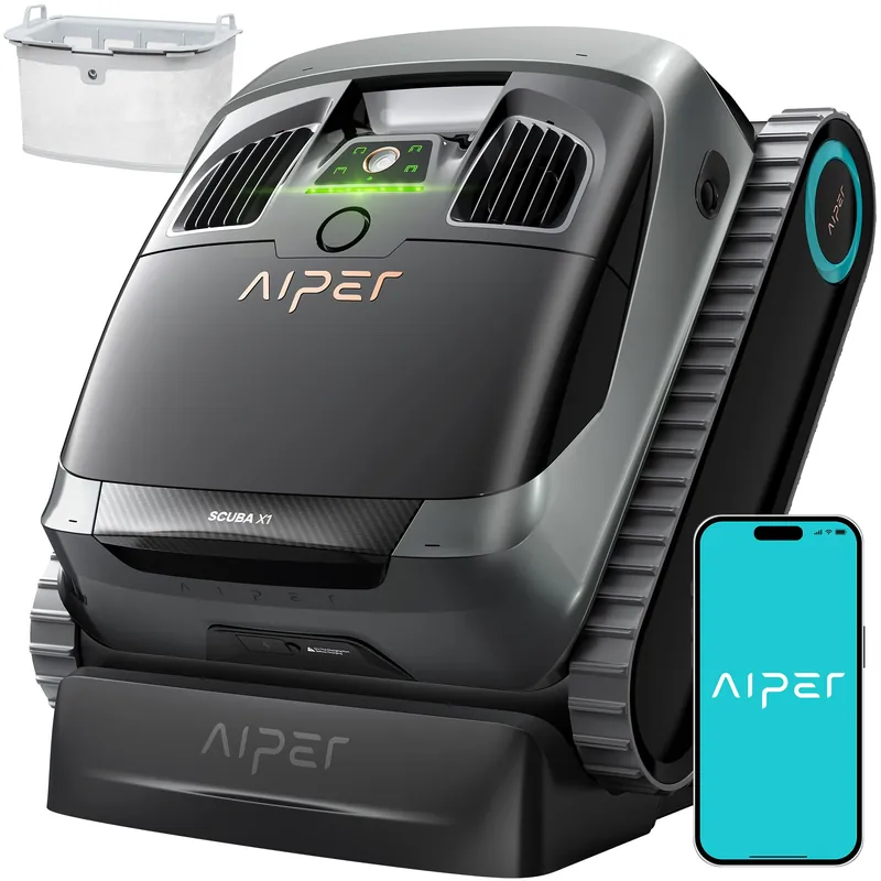 AIPER Scuba X1 Cordless Pool Robot with Powerful Suction, Double Filtration and Wireless Charging Dock, Floor/Wall/Waterline Cleaning, 185 Mins Runtime for Above & In-Ground Pools, Dark
