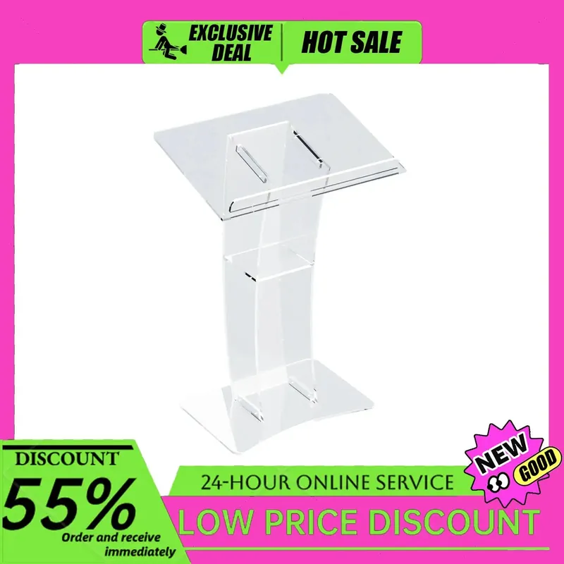 Acrylic Podium Modern Clear Lectern 7.8mm Thick with Storage Shelf for Conference Wedding