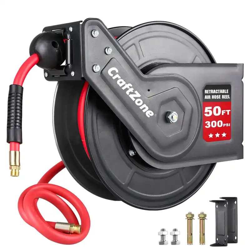 Retractable Air Hose Reel Rewind 50 ft x 3/8 in Hybrid Air Hose Max 300PSI Heavy Duty Air Compressor Hose Reel with Auto Rewind and Bracket Ceiling Wall Mount for Garage Workshop Home Studio