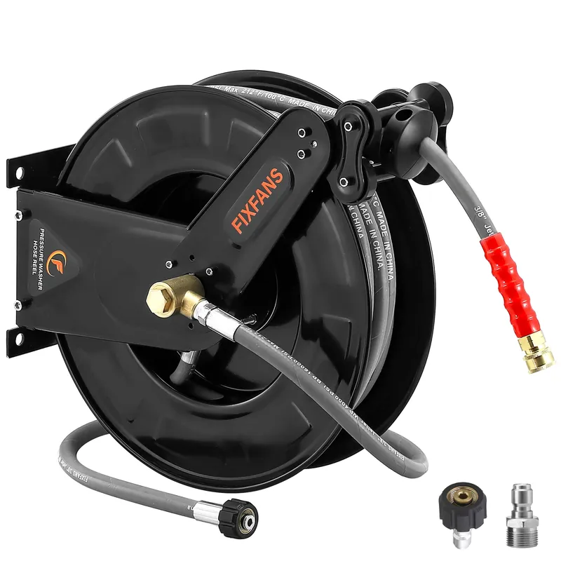 FIXFANS Pressure Washer Hose Reel with Hose for Hot and Cold Water, 3/8" X 50 FT Steel Auto-Retractable High Power Wash Hose Reel, Heavy Duty Hose Reel - Wire Braided Hose 4000 PSI, Black